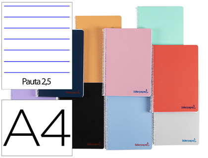 Cuaderno espiral Liderpapel Wonder A4 tapa plástico 80h 90g pauta 2,5mm. colores surtidos